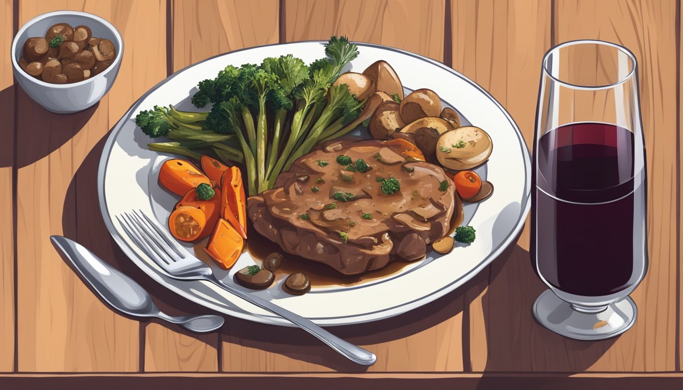 A plate of veal Marsala with a side of roasted vegetables and a glass of red wine on a wooden table