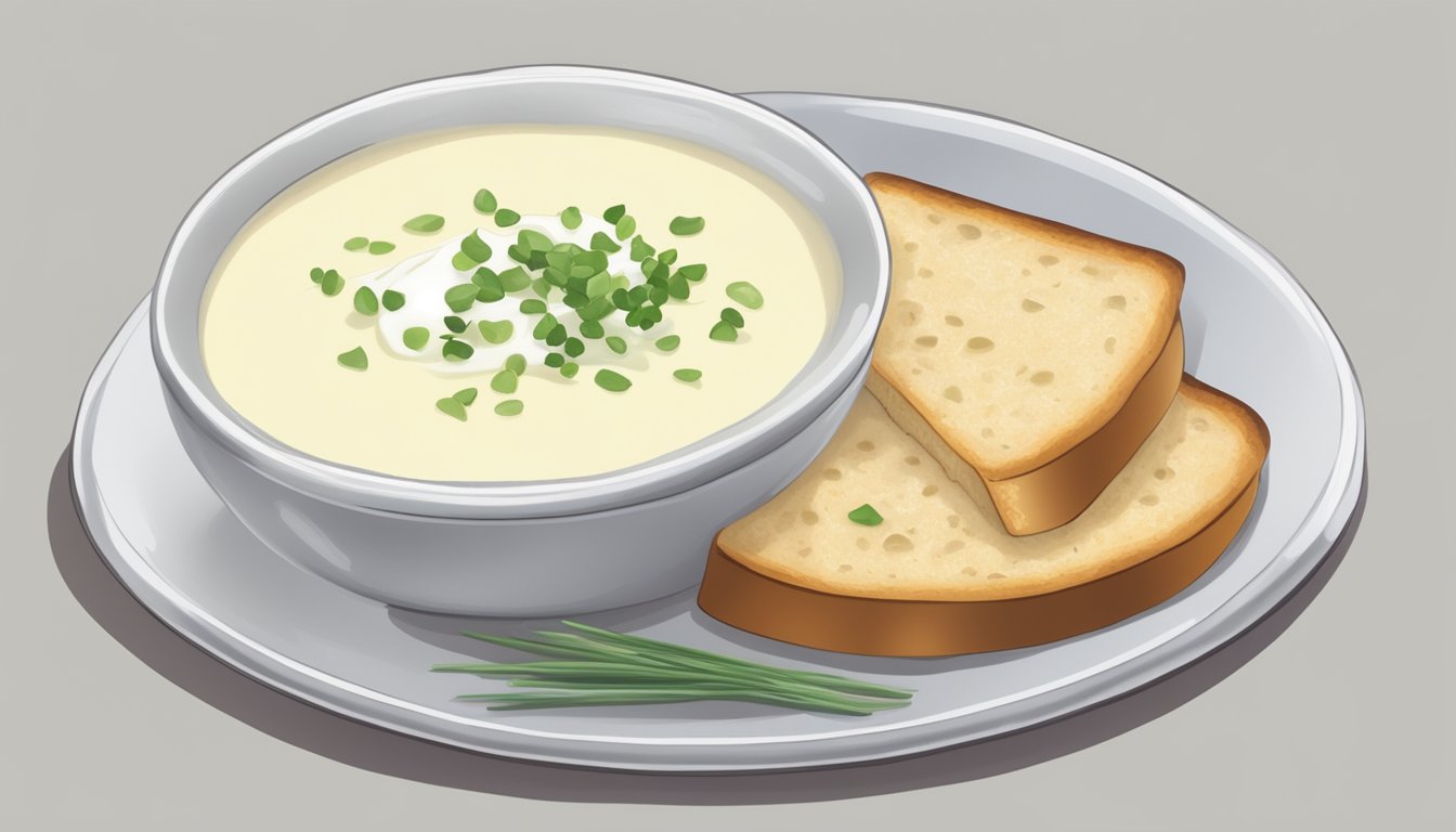 A bowl of vichyssoise soup with a dollop of cream and chives on top, accompanied by a slice of crusty bread on a plate