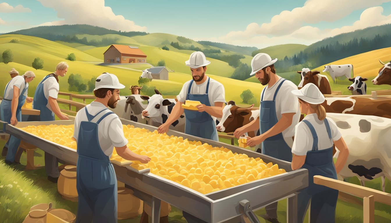 A group of German Texans working in a cheese factory, blending traditional methods with modern technology, surrounded by rolling hills and dairy cows