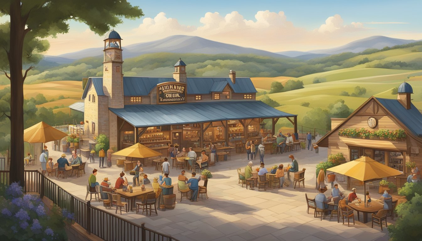 A bustling Texas brewery surrounded by rolling hills, with a mix of traditional German and Texan architectural influences. Patrons enjoy beer in a lively beer garden