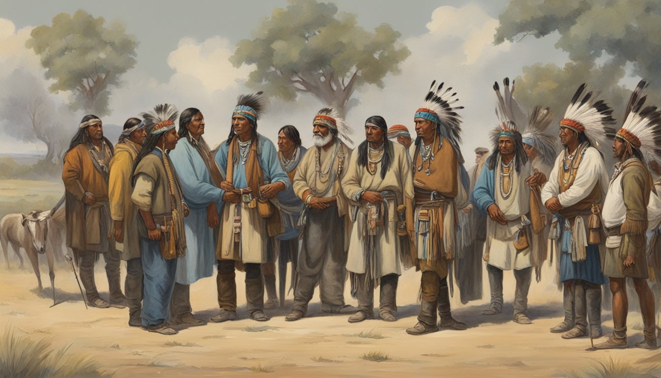 A group of German Texan painters and sculptors meeting with Indigenous Comanche people to discuss a treaty