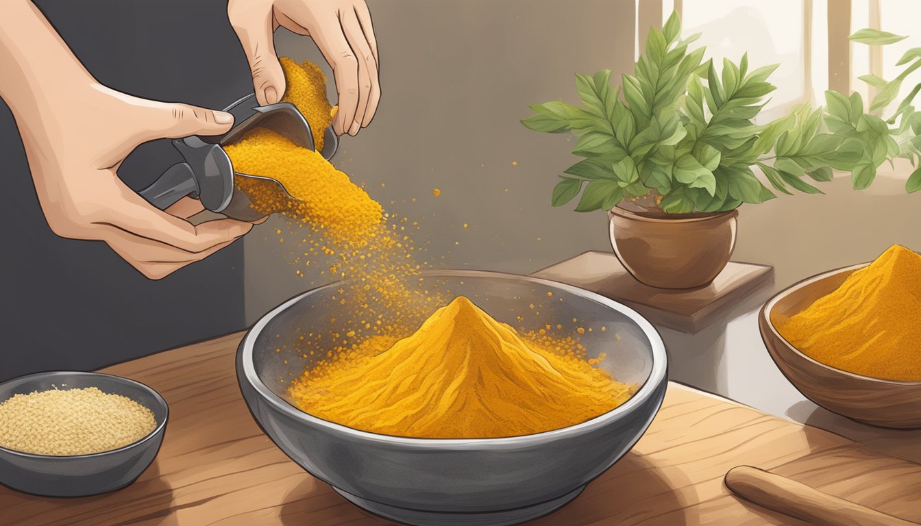 A turmeric root is being grated into a bowl, releasing its vibrant yellow color and earthy aroma