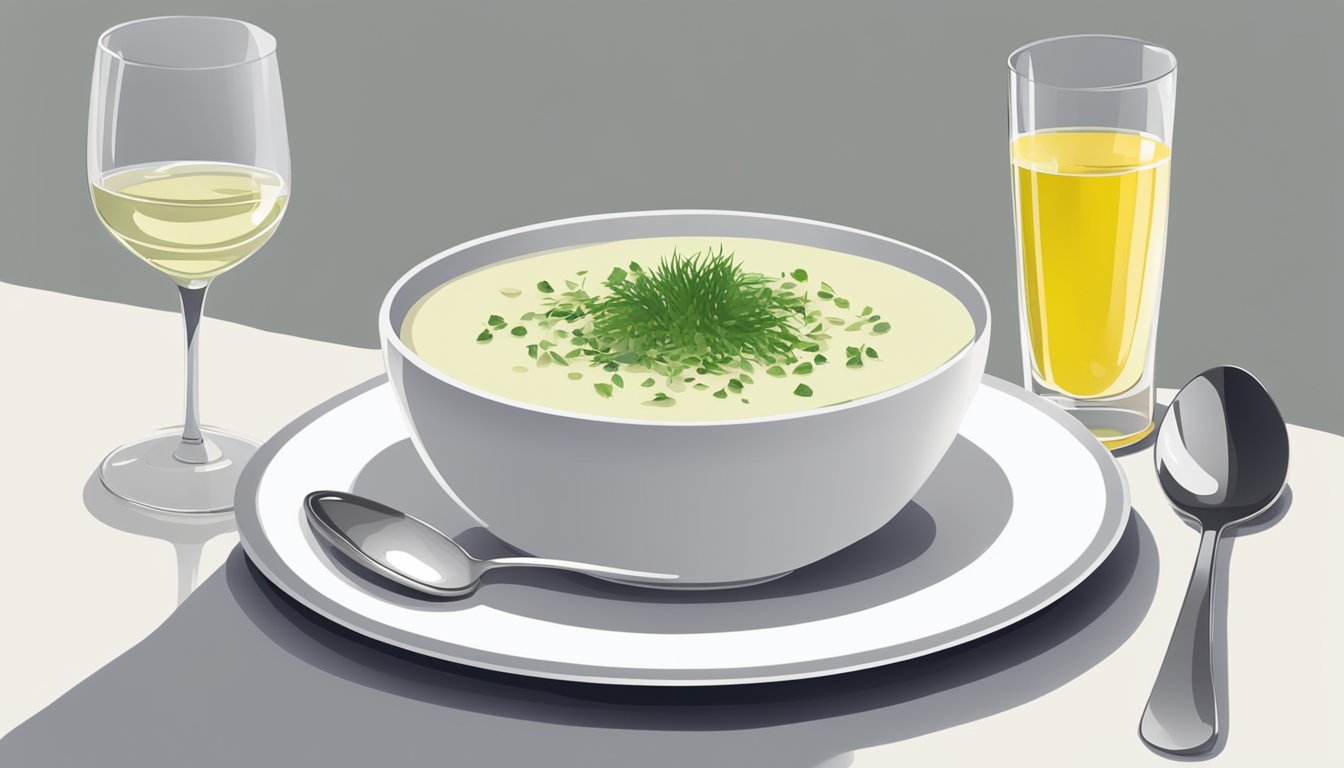 A table set with a bowl of vichyssoise, a spoon, and a garnish of chives. A glass of white wine and a small bouquet of flowers nearby