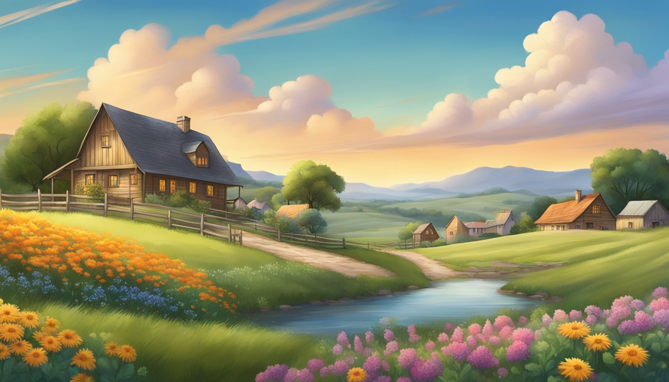 A serene landscape with rolling hills and a quaint village, showcasing traditional German Texan architecture and surrounded by vibrant wildflowers