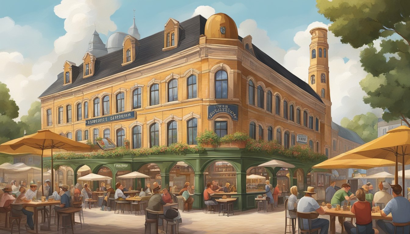 A bustling brewery scene with German-inspired architecture and beer gardens, showcasing the influence of German immigrants on Texas beer culture