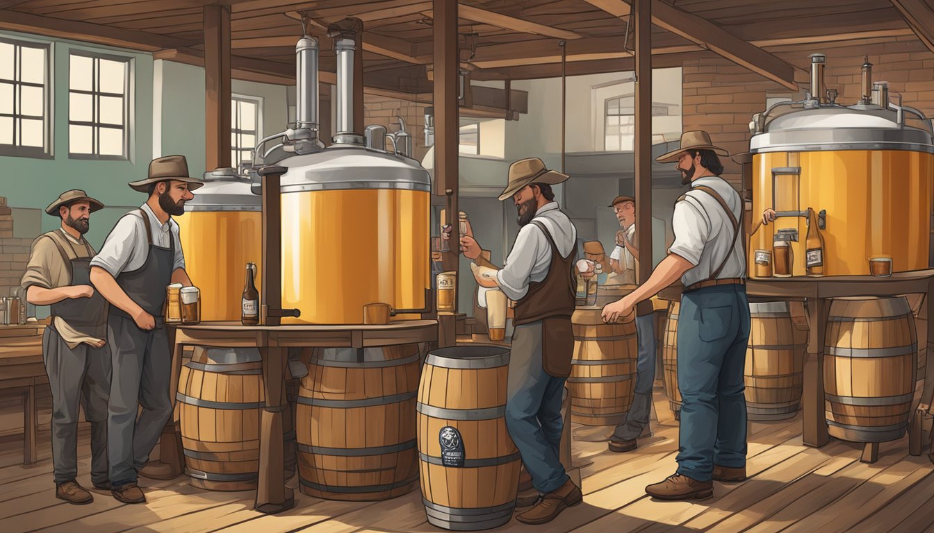 A group of German immigrants brewing beer in traditional and modern settings, showcasing the evolution of Texas' beer culture