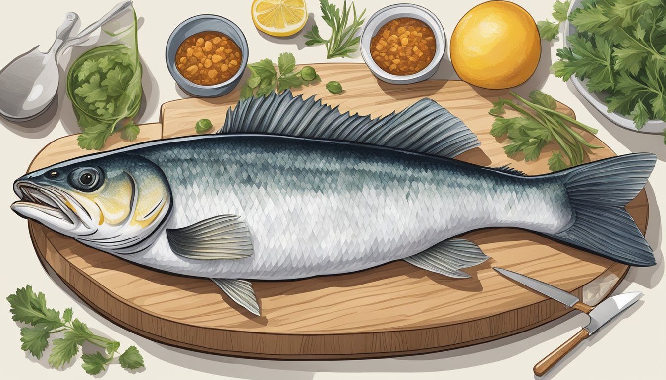 A walleye fish being cleaned and filleted on a cutting board with a sharp knife and various cooking ingredients nearby