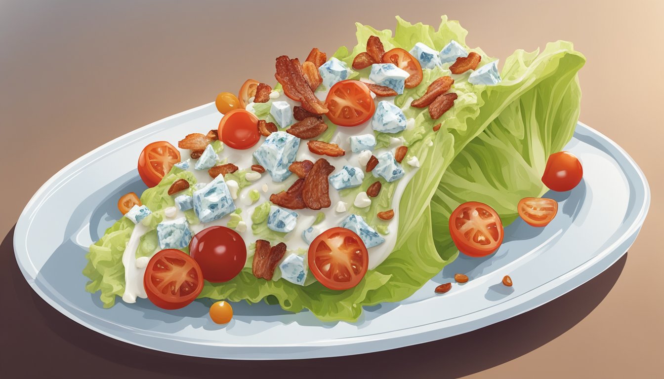 A wedge salad on a white plate with crisp iceberg lettuce, crispy bacon, cherry tomatoes, and blue cheese dressing drizzled over the top