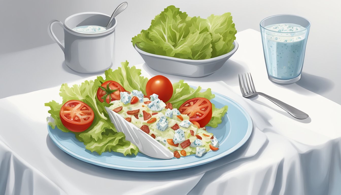 A plate with a wedge salad, topped with bacon, tomatoes, and blue cheese dressing, served with a fork and knife on a white tablecloth