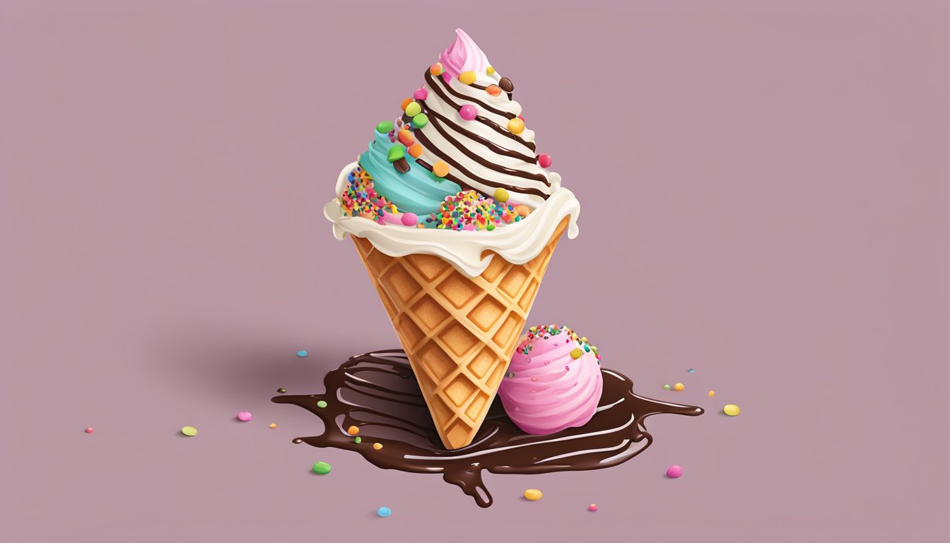 A waffle cone filled with scoops of ice cream, topped with colorful sprinkles and a drizzle of chocolate sauce