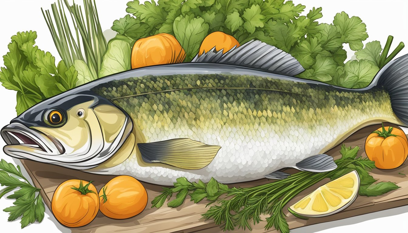 A walleye fish being prepared with fresh herbs and vegetables for a healthy meal