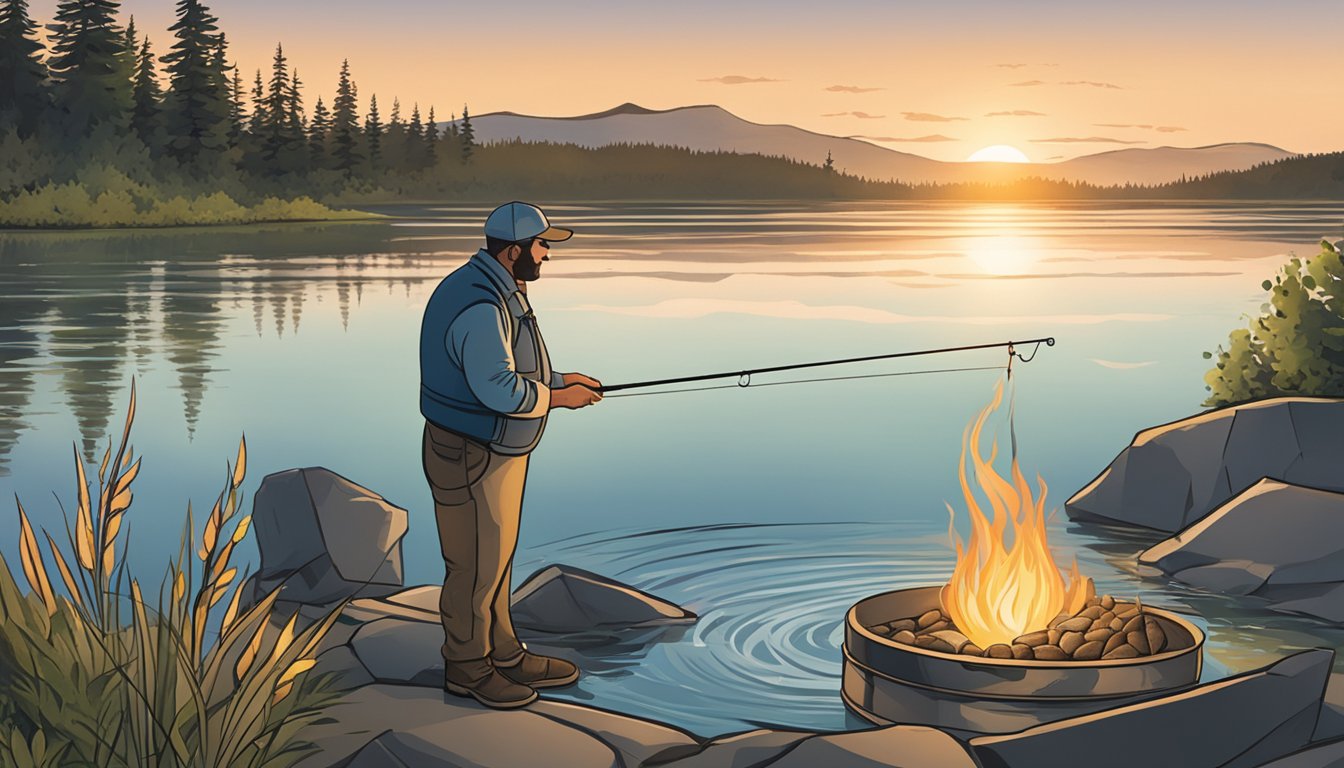 A serene lake at dusk, with a fishing rod casting into the water. A walleye fish is shown being cooked over an open flame