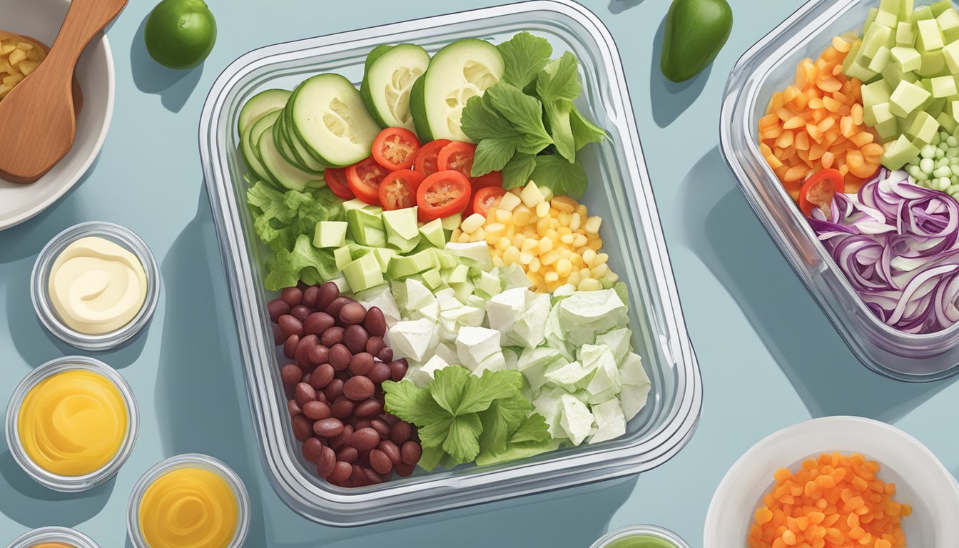 A neatly arranged wedge salad with toppings in a clear container, surrounded by prepped ingredients and labeled storage containers