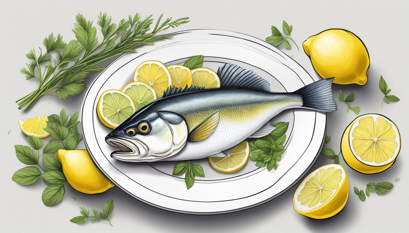 A walleye fish lies on a white plate, surrounded by lemon slices and fresh herbs. A fork and knife are positioned nearby, ready for serving