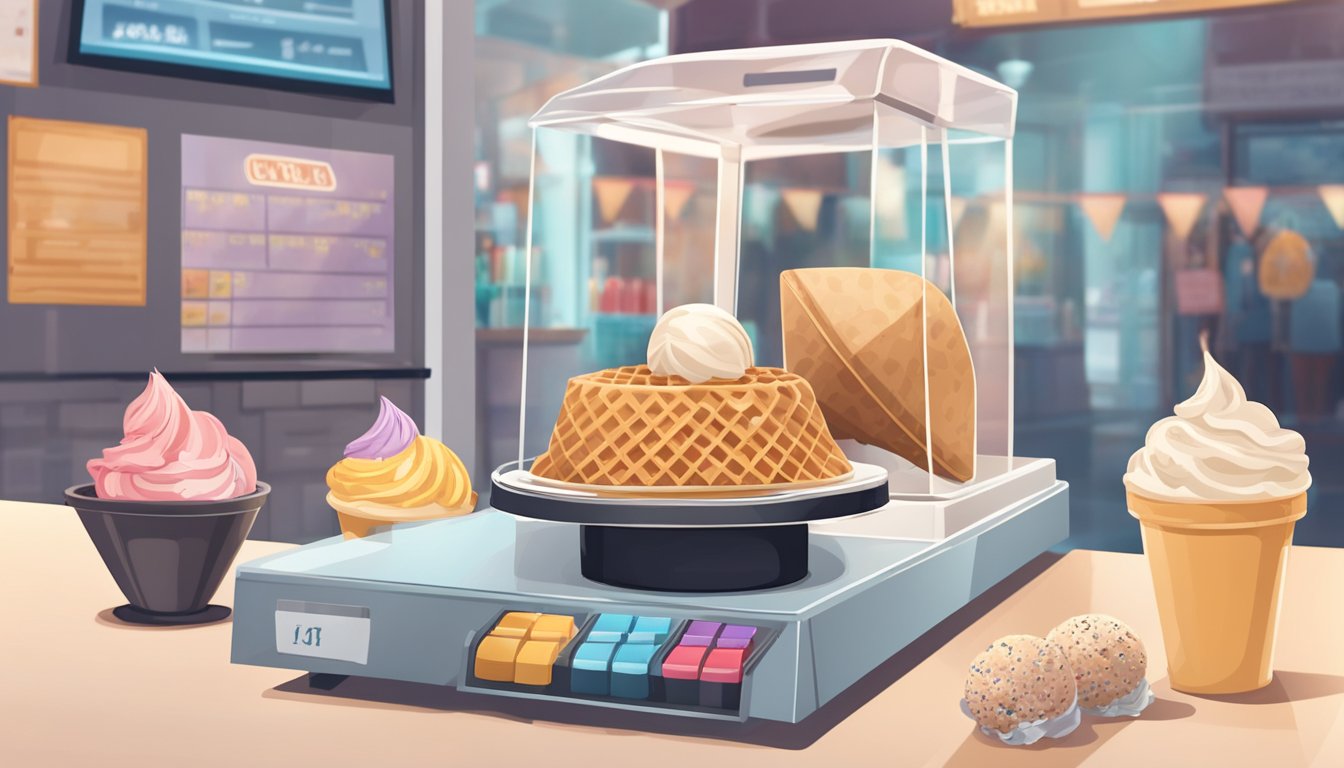 A waffle cone with ice cream sits on a counter with a price tag. Nearby, a customer pays at a cash register in a bustling ice cream shop