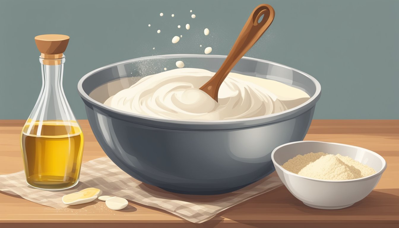 A mixing bowl with flour, eggs, milk, and a whisk on a kitchen counter. A measuring cup of oil and a bottle of vanilla extract nearby