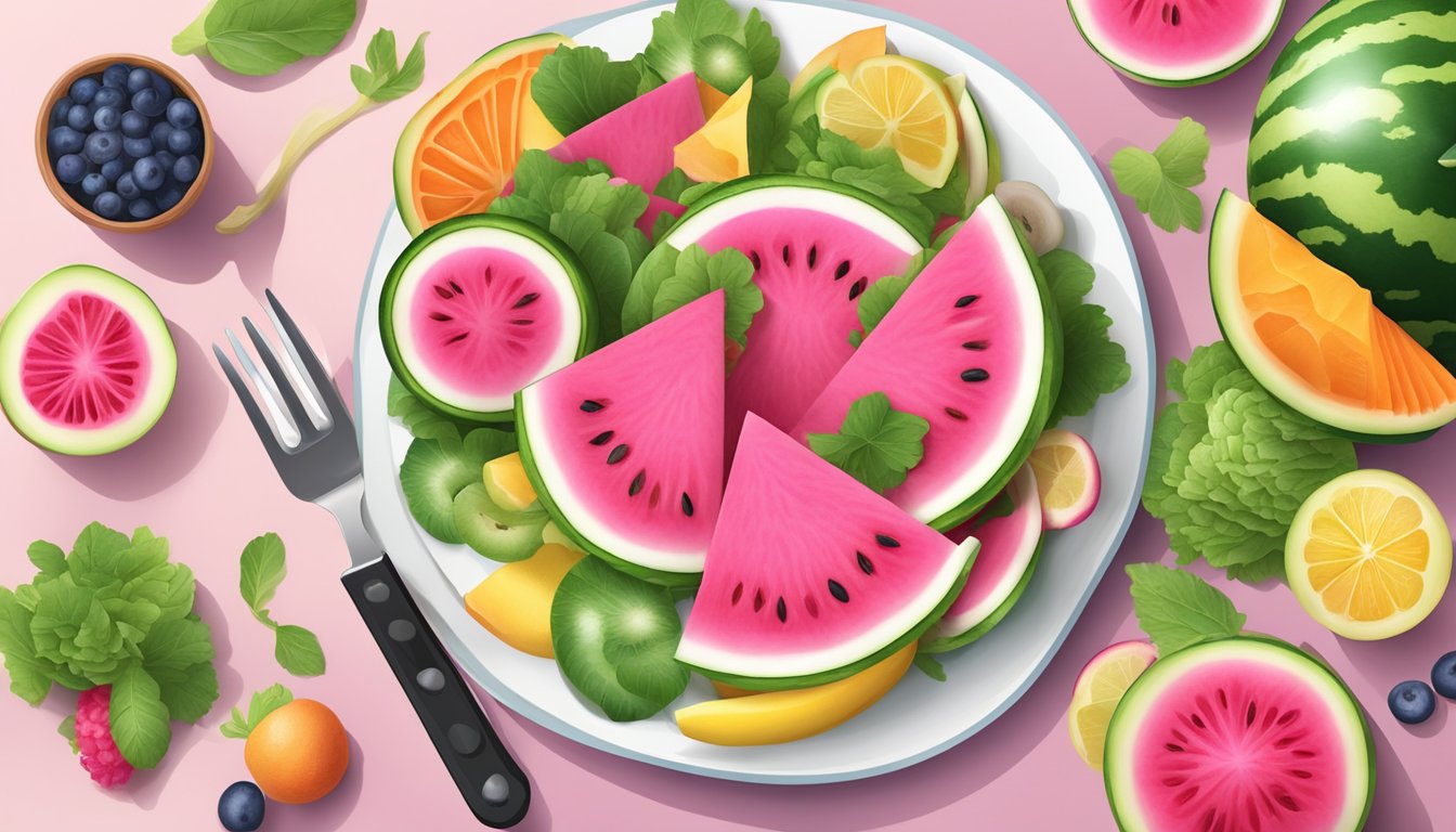 A watermelon radish being sliced and arranged on a plate with a variety of complementary fruits and vegetables