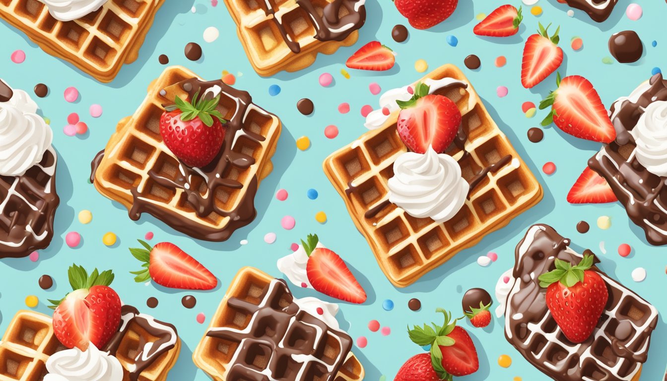 A waffle topped with whipped cream, strawberries, and a drizzle of syrup, surrounded by a scattering of colorful sprinkles and chocolate chips