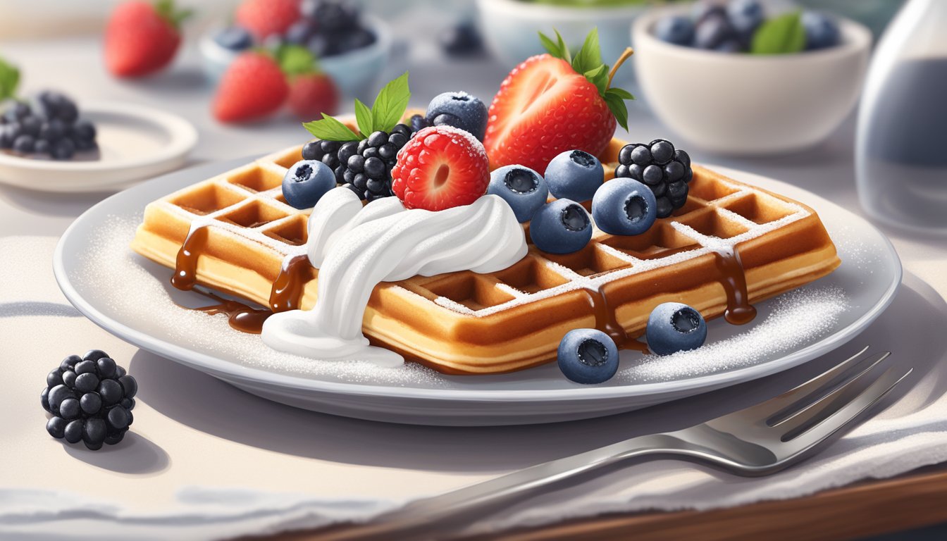 A waffle sits on a white plate with a dollop of whipped cream and a drizzle of syrup, accompanied by a side of fresh berries and a dusting of powdered sugar