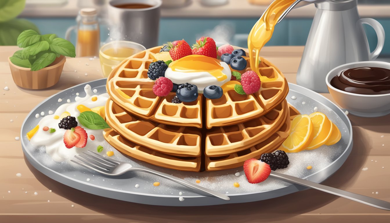 A waffle surrounded by an array of toppings and syrups, with a fork nearby and steam rising from the freshly cooked surface