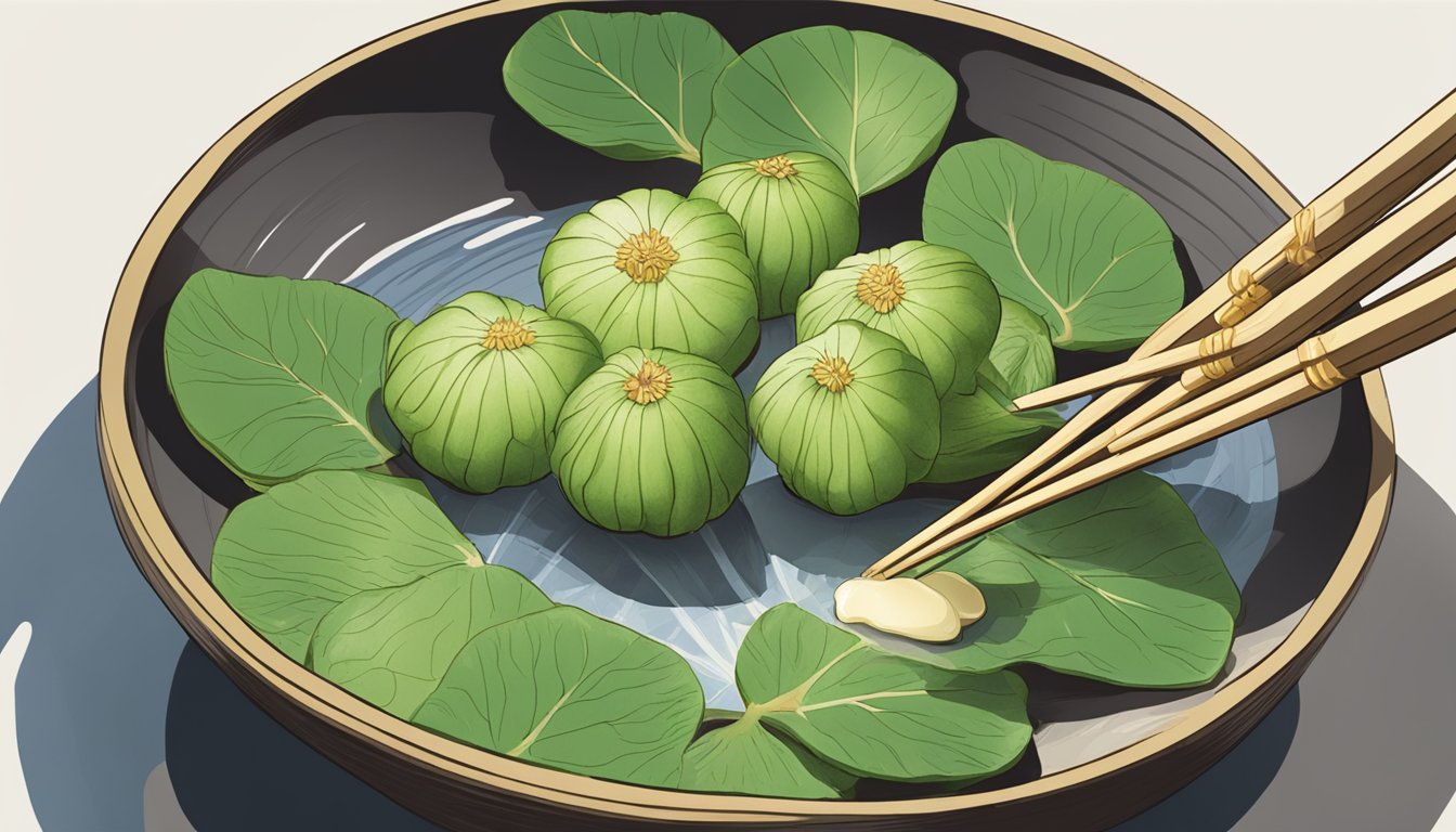 A water chestnut being sliced and eaten with chopsticks