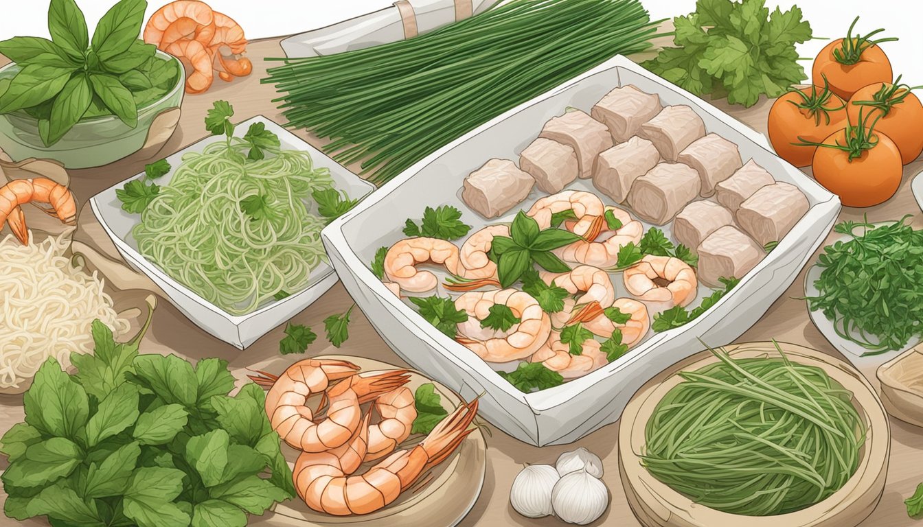 Fresh herbs, vermicelli noodles, shrimp, and pork laid out on a clean surface, ready to be wrapped in rice paper