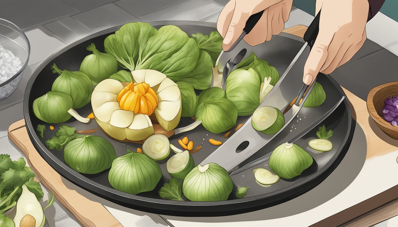 A water chestnut being sliced and added to a stir-fry with other vegetables