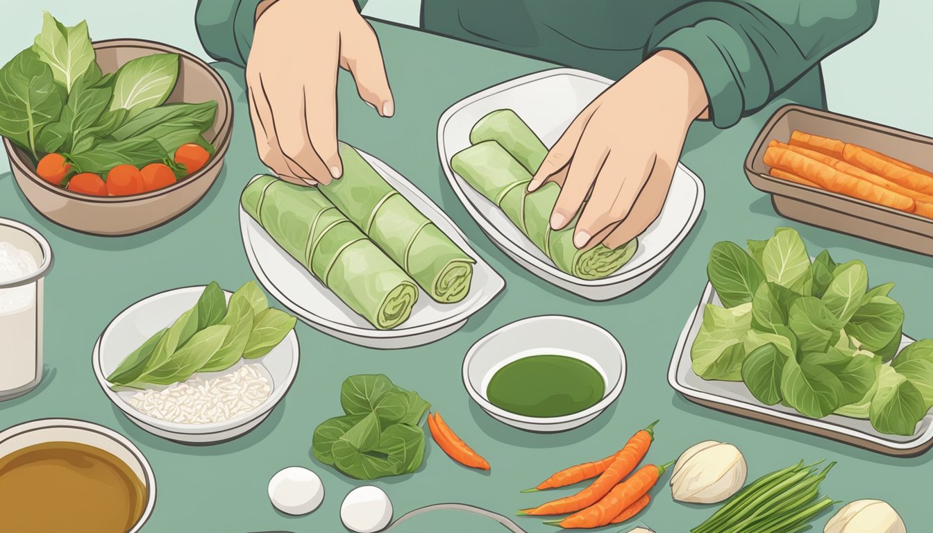 Fresh ingredients laid out on a clean surface, a pair of hands assembling a Vietnamese spring roll with precision and care