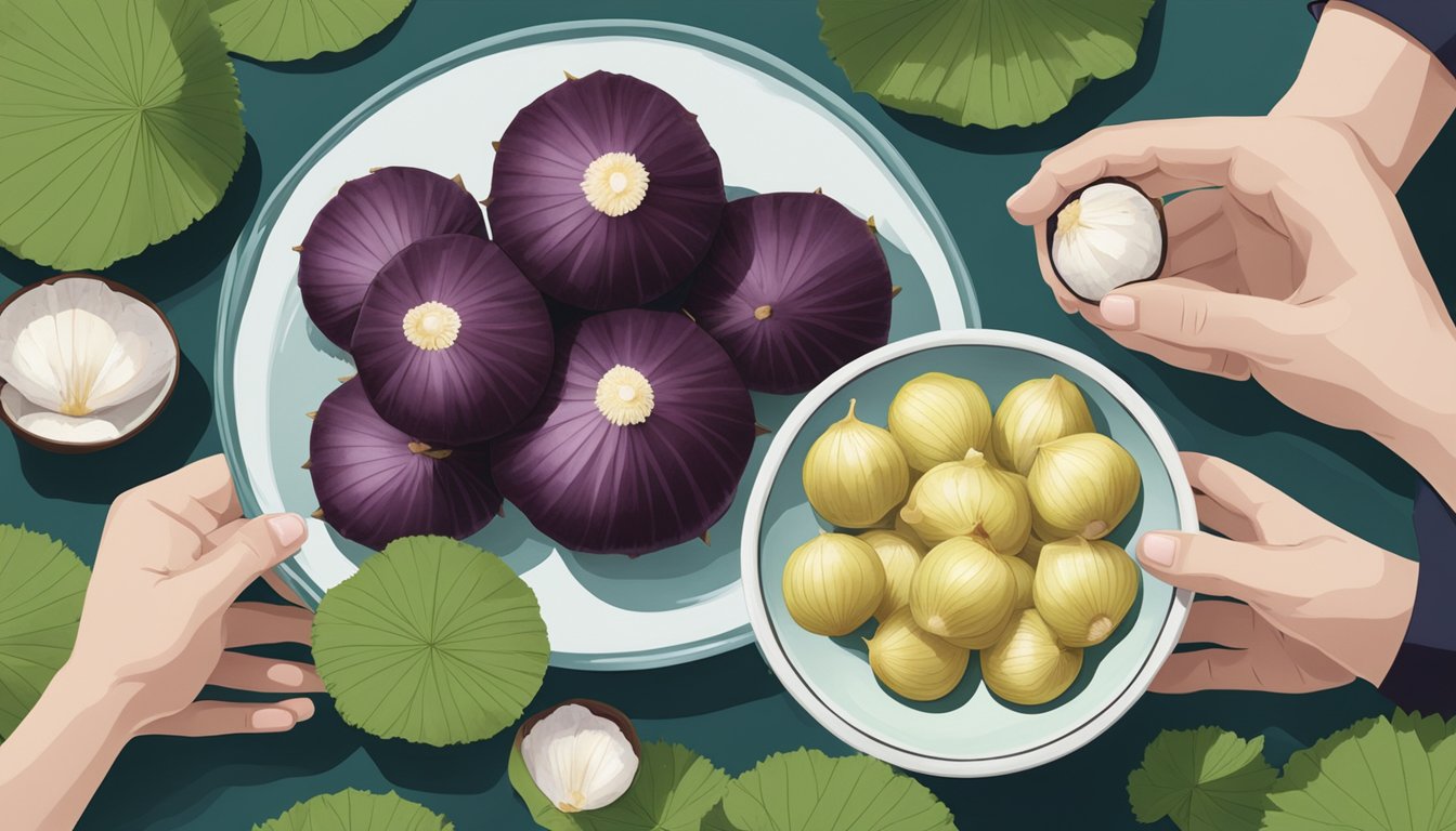 A hand holding a water chestnut, surrounded by other water chestnuts and a bowl of water