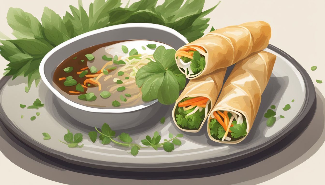 A plate with a Vietnamese spring roll cut in half, surrounded by fresh herbs and a small dish of dipping sauce