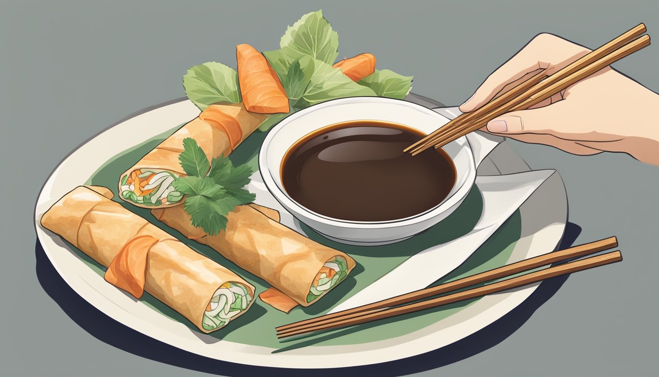 A pair of chopsticks picking up a Vietnamese spring roll from a plate, with a small dish of dipping sauce beside it