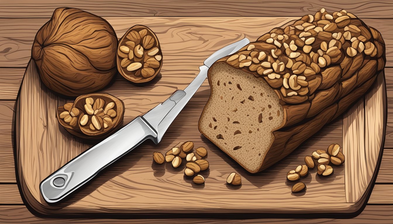 A sliced walnut loaf surrounded by scattered walnuts and a knife on a wooden cutting board