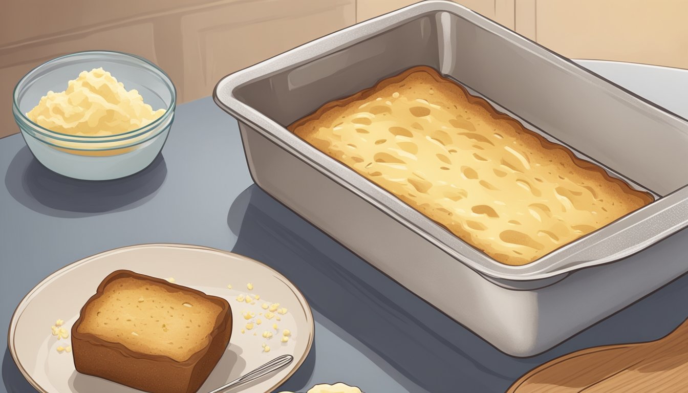 A loaf pan sits on a countertop, coated with a layer of butter and sprinkled with flour. A walnut loaf bakes in the oven nearby