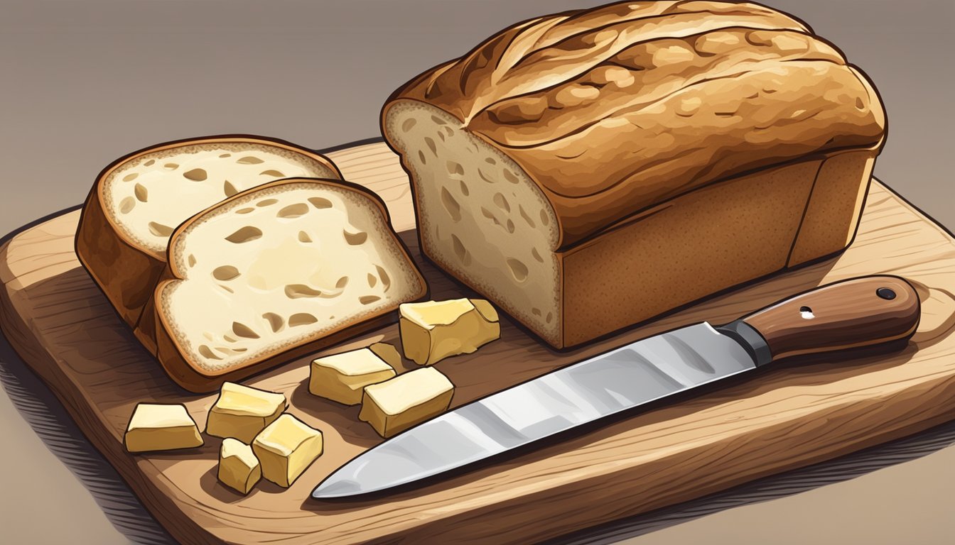 A loaf of walnut bread surrounded by a spread of butter and a knife on a wooden cutting board