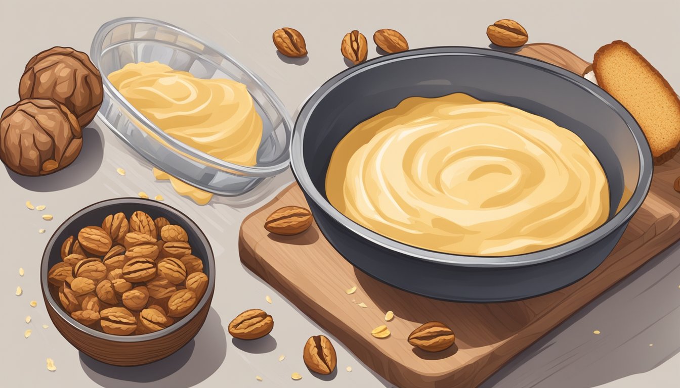 A wooden bowl filled with batter being stirred, surrounded by scattered walnuts and a loaf pan