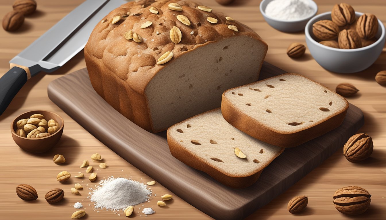 A walnut loaf sits on a wooden cutting board, surrounded by scattered walnuts and a dusting of flour. A knife cuts into the loaf, revealing its soft, crumbly interior