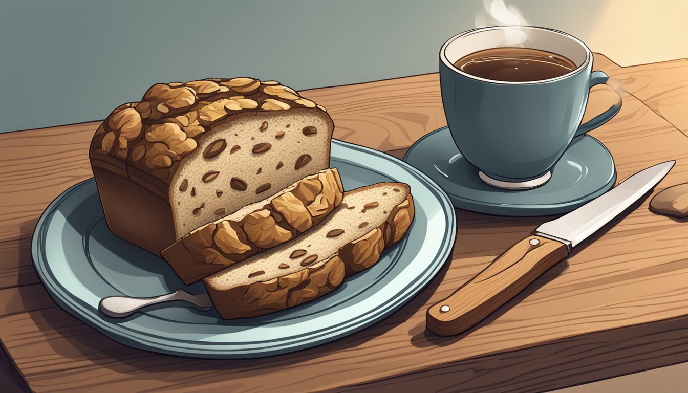 A sliced walnut loaf sits on a wooden cutting board, with a knife beside it. A plate and a cup of hot tea are nearby