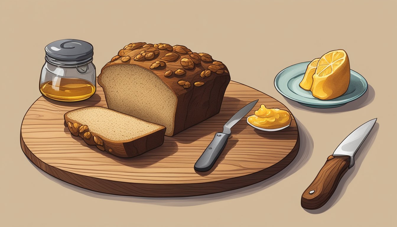 A walnut loaf sits on a wooden cutting board next to a serrated knife. A few slices have been cut and are arranged on a small plate. A glass jar of honey and a spreader are nearby