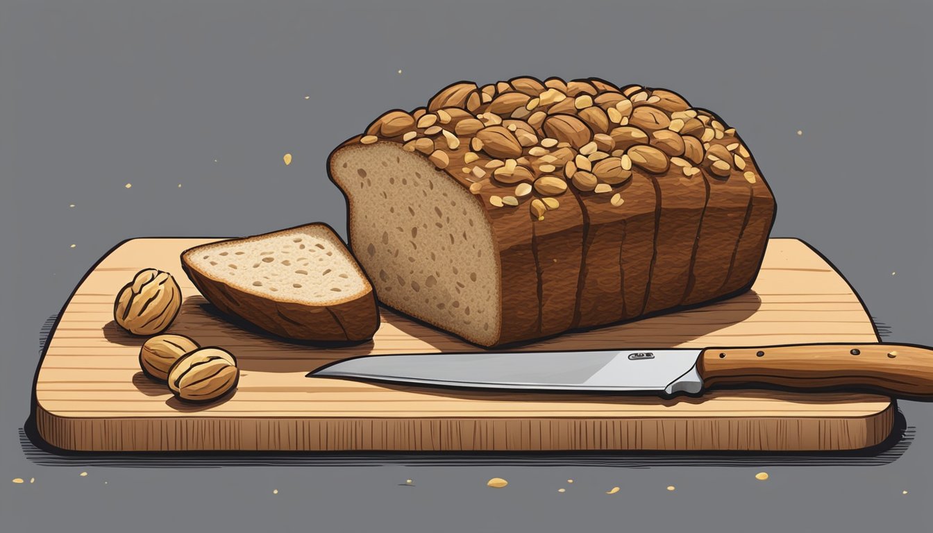 A walnut loaf sits on a wooden cutting board, surrounded by a scattering of whole walnuts. A knife is poised to slice into the loaf, with a plate and a dollop of butter nearby