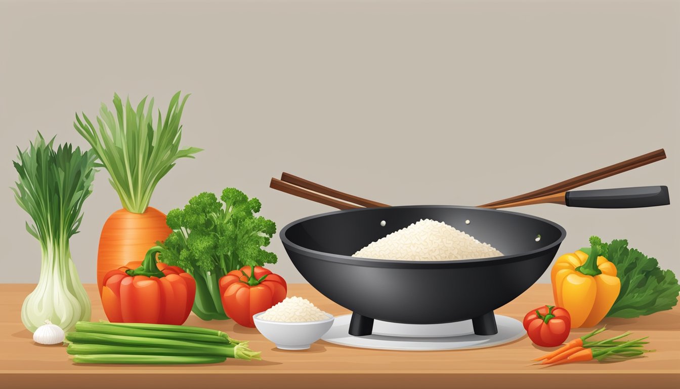 A wok surrounded by fresh vegetables, a cutting board, knife, and a bowl of rice