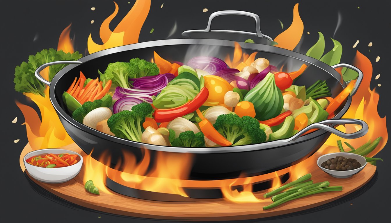 A wok filled with colorful, crisp vegetables being tossed and sizzling over a hot flame. Ingredients neatly arranged nearby