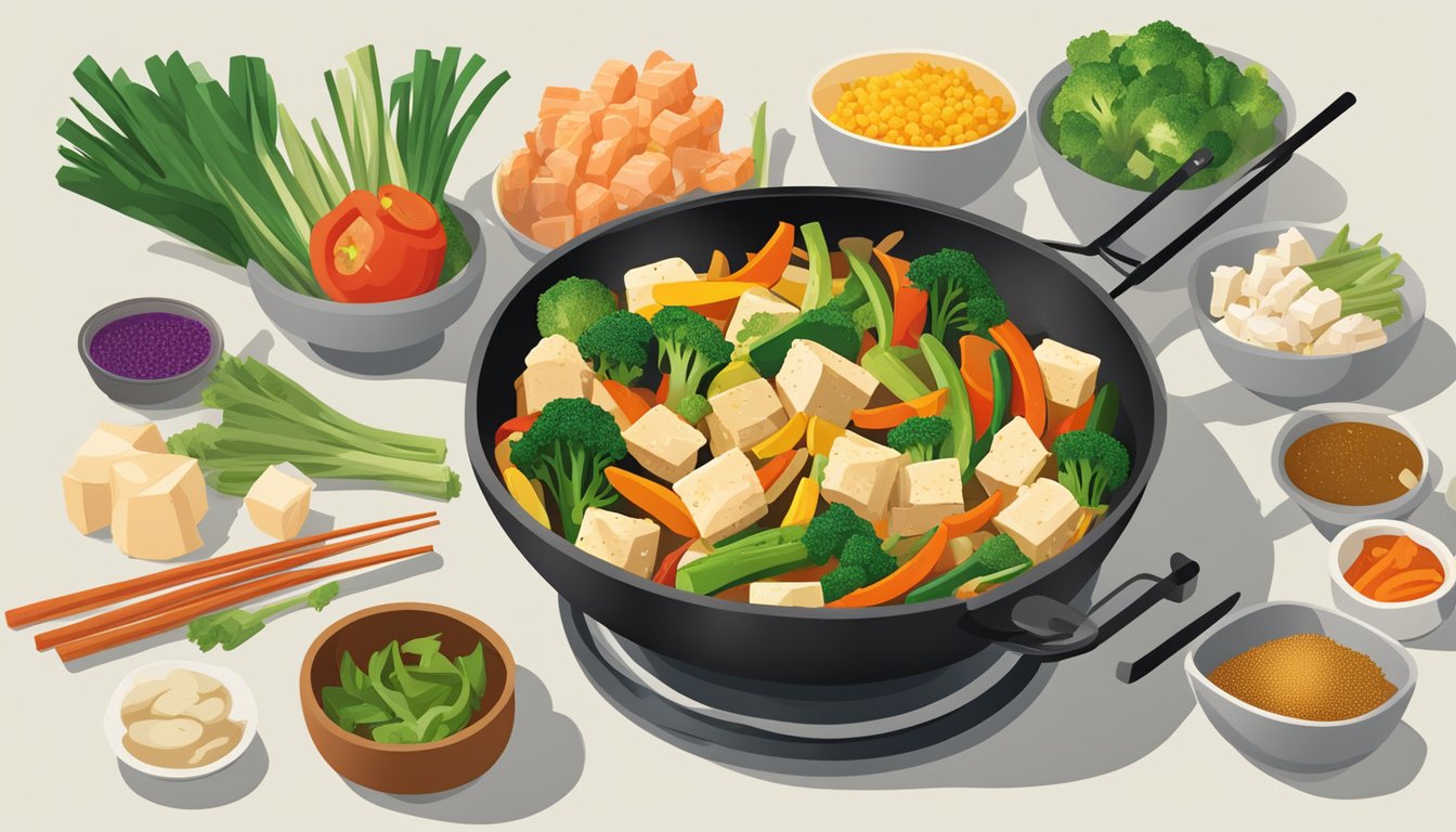 A sizzling vegetable stir fry cooks in a wok, with an array of protein choices such as tofu, chicken, and shrimp arranged nearby. Chopped vegetables and a variety of seasonings sit ready for preparation