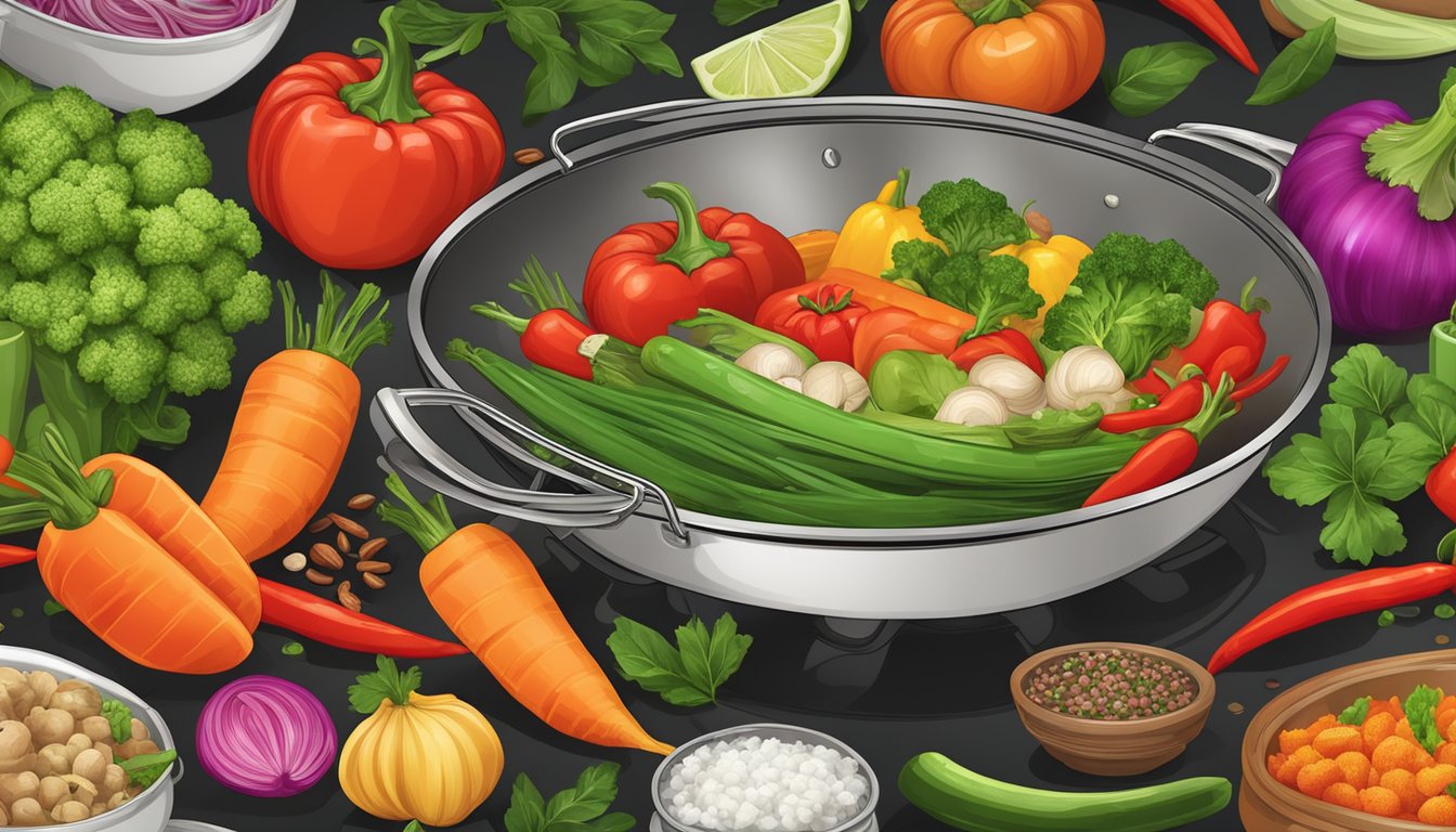 A colorful array of fresh vegetables sizzle in a wok, steam rising as they are tossed together with aromatic spices and sauces