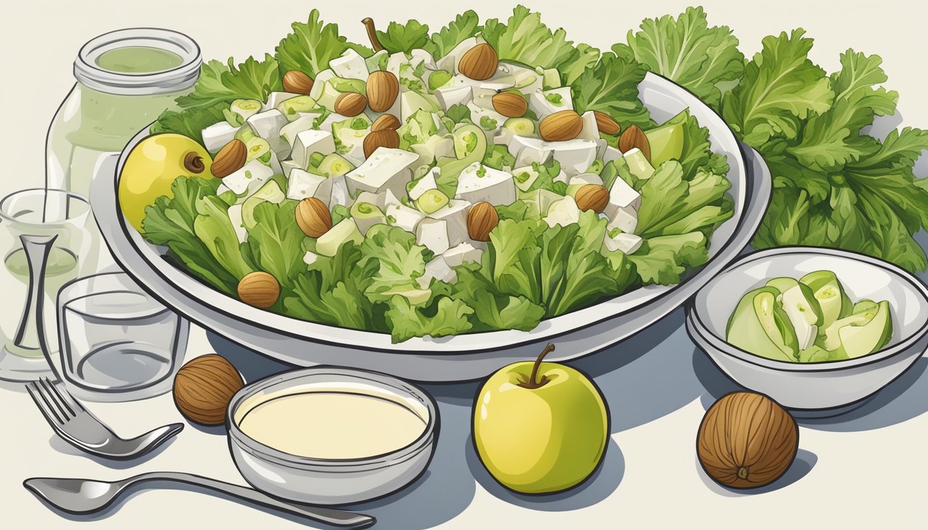 A table set with a bowl of Waldorf salad surrounded by fresh ingredients like apples, celery, walnuts, and a creamy dressing