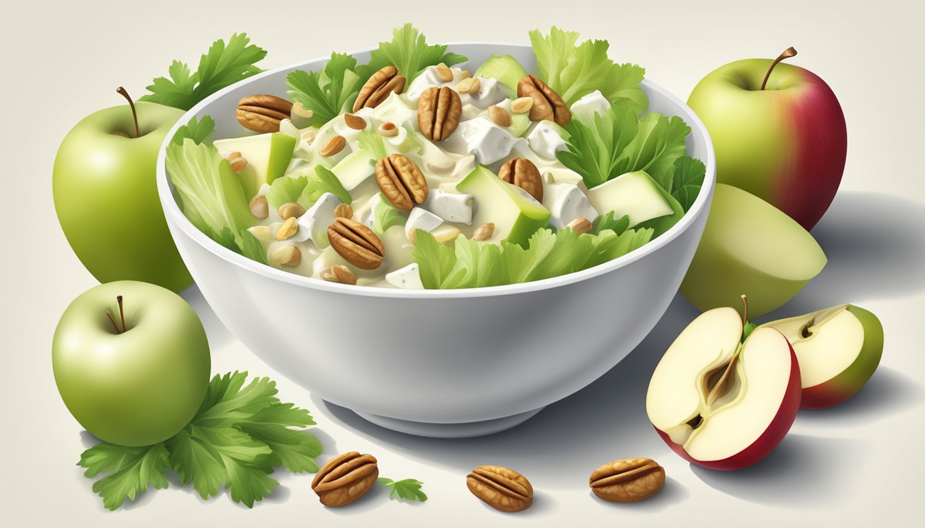 A bowl of Waldorf salad surrounded by fresh apples, celery, walnuts, and a creamy dressing