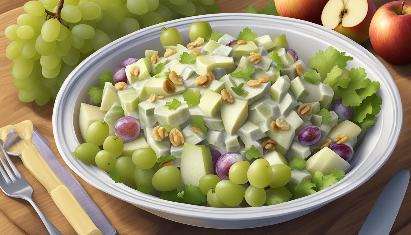 A bowl of waldorf salad sits on a wooden table, filled with crisp apples, celery, grapes, and walnuts, all coated in a creamy dressing