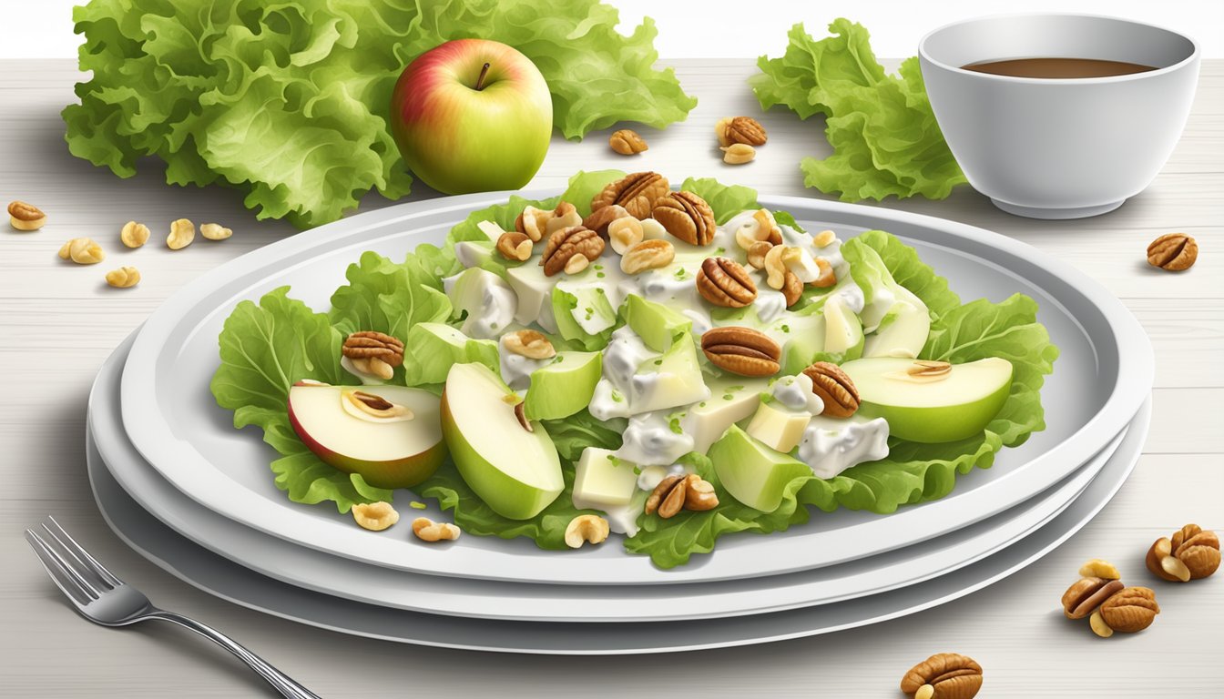 A waldorf salad arranged on a white plate with crisp lettuce, juicy apples, crunchy walnuts, and creamy dressing