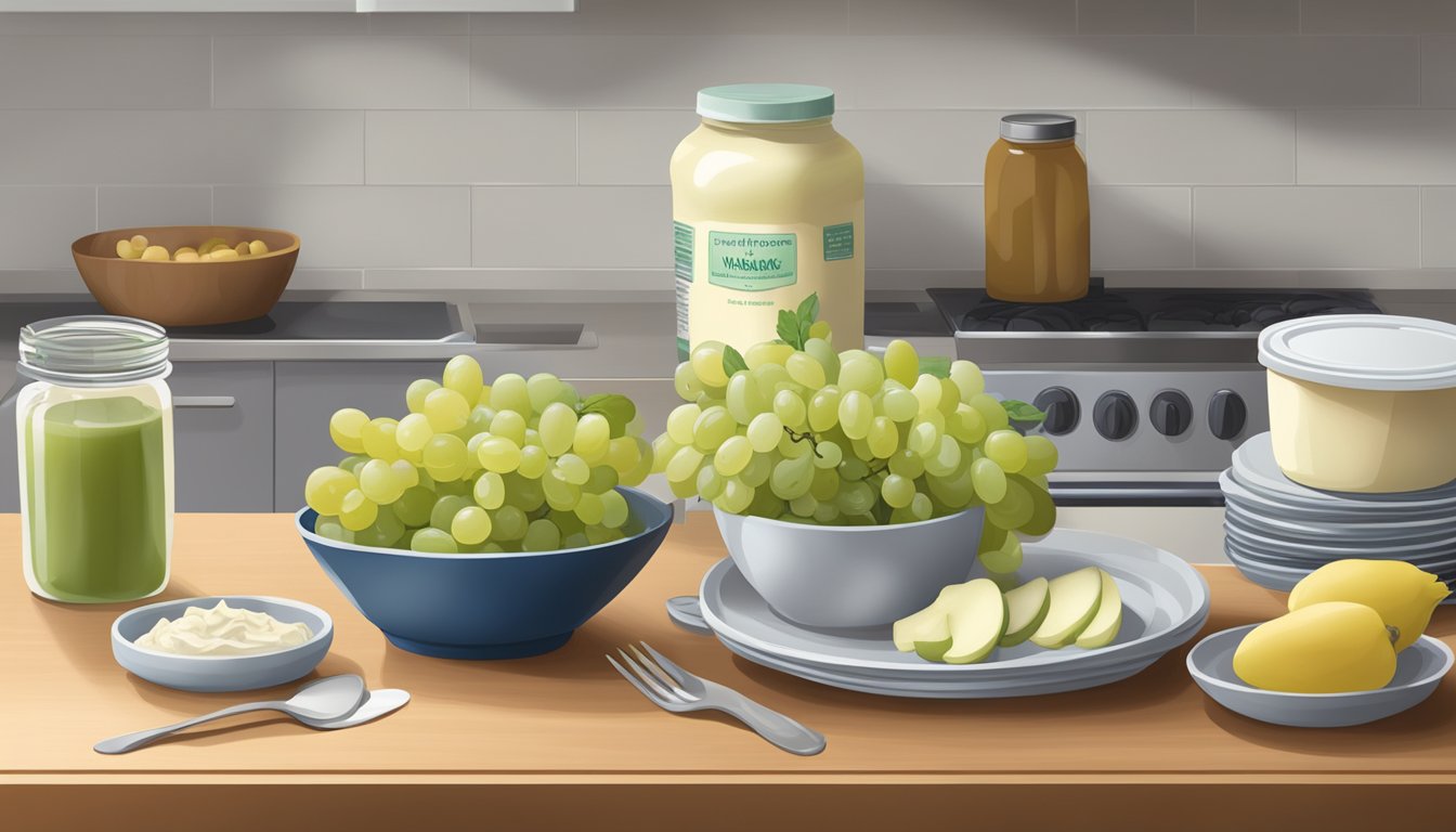 A bowl of Waldorf salad sits on a kitchen counter next to a container of leftovers. A jar of mayonnaise and a bunch of grapes are also present