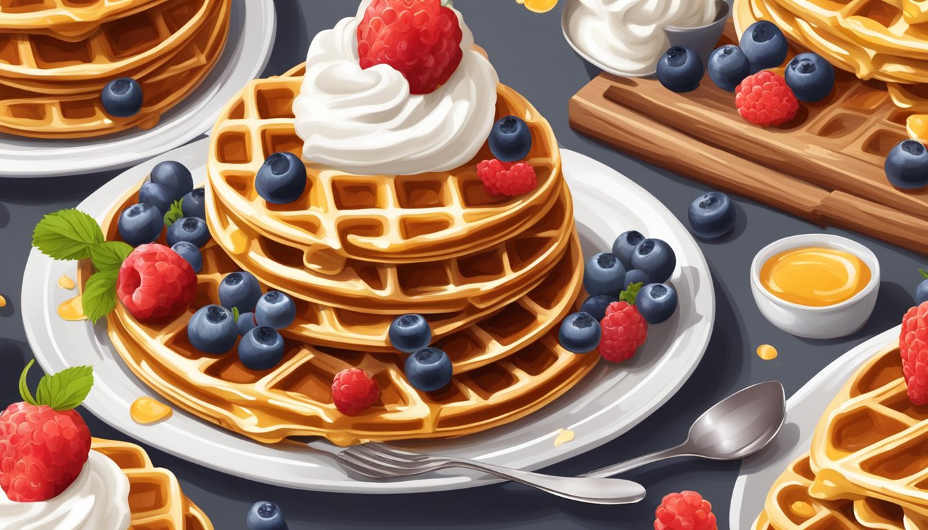 A stack of golden waffles topped with syrup, surrounded by fresh berries and a dollop of whipped cream