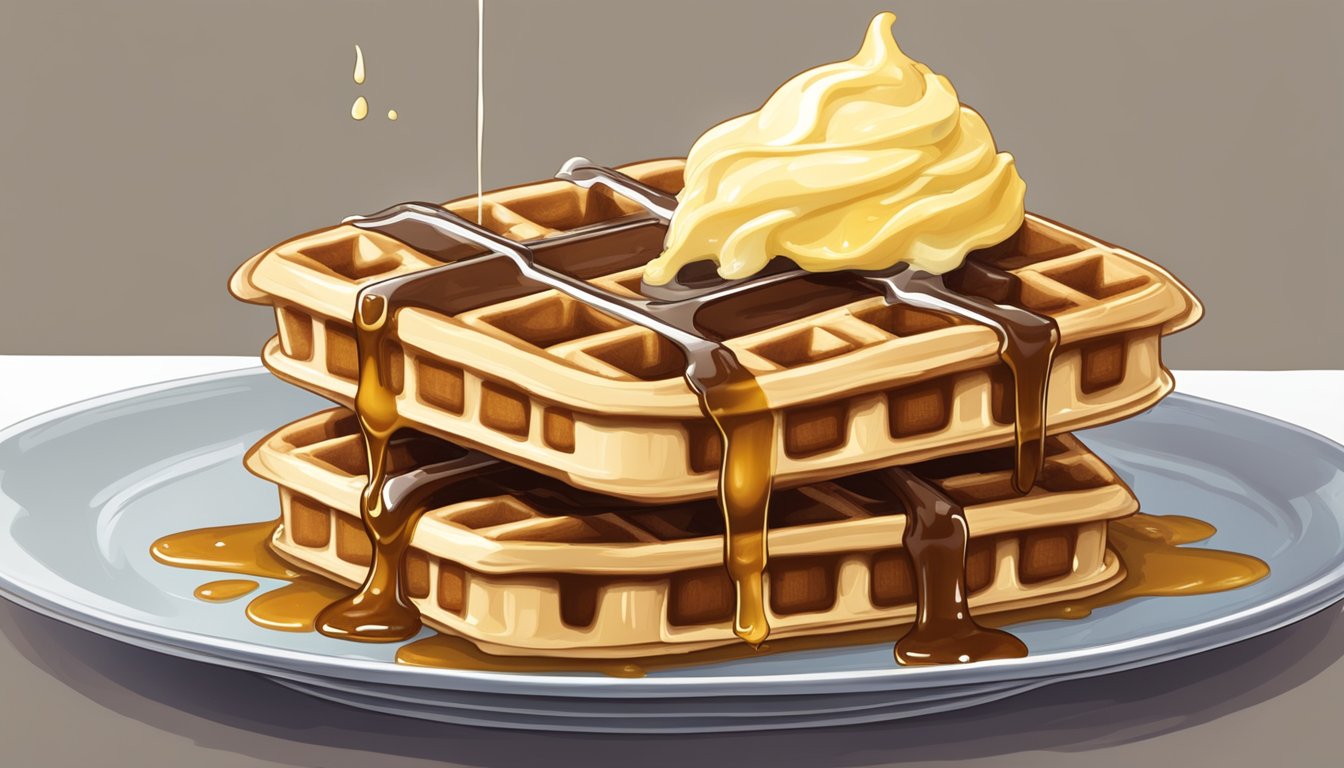 A waffle sits on a plate, covered in syrup with a dollop of butter melting on top